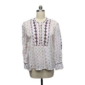 Sundance Embroidered Peasant Blouse White Pink Floral Print Long Sleeve Top PM